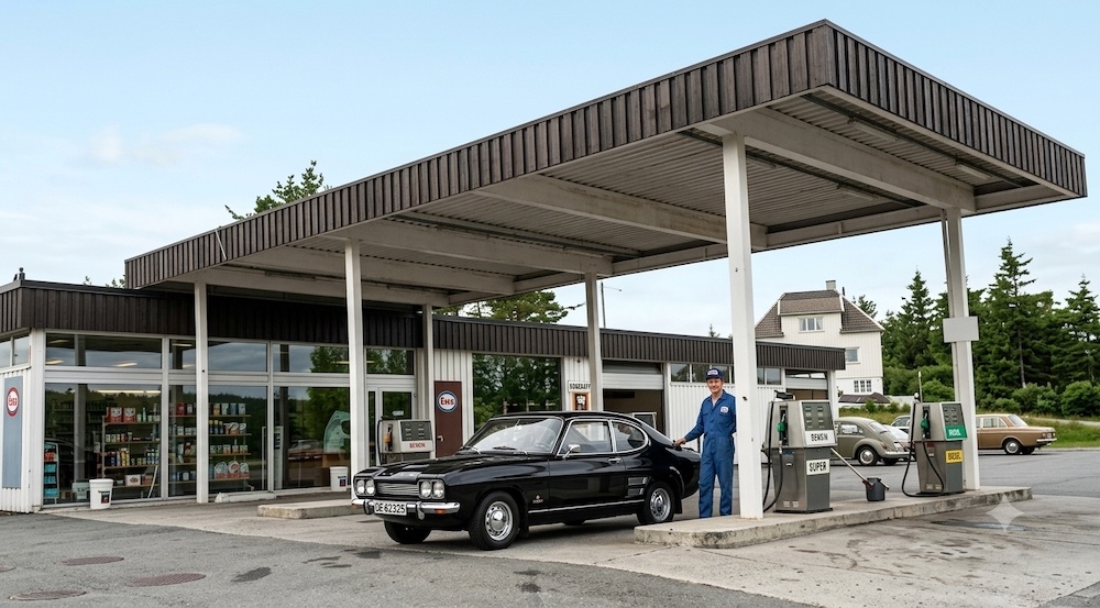 Skudenes Service Stasjon i 1975. Bildet er KI-generert, og enkelte detaljer kan avvike fra virkeligheten.